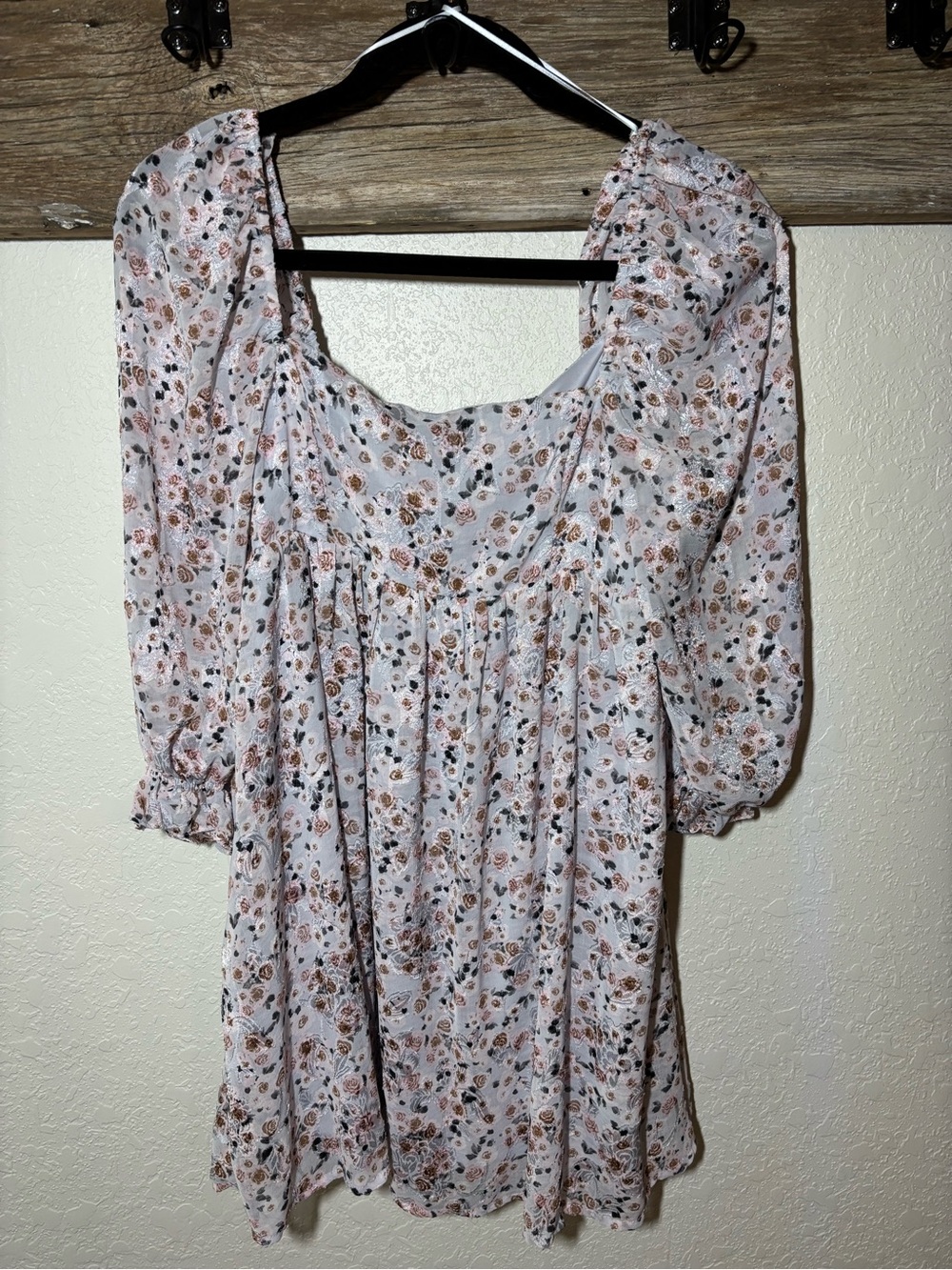 Floral Square-Neck Puff Sleeve Mini Dress - Blush Floral, size Medium
